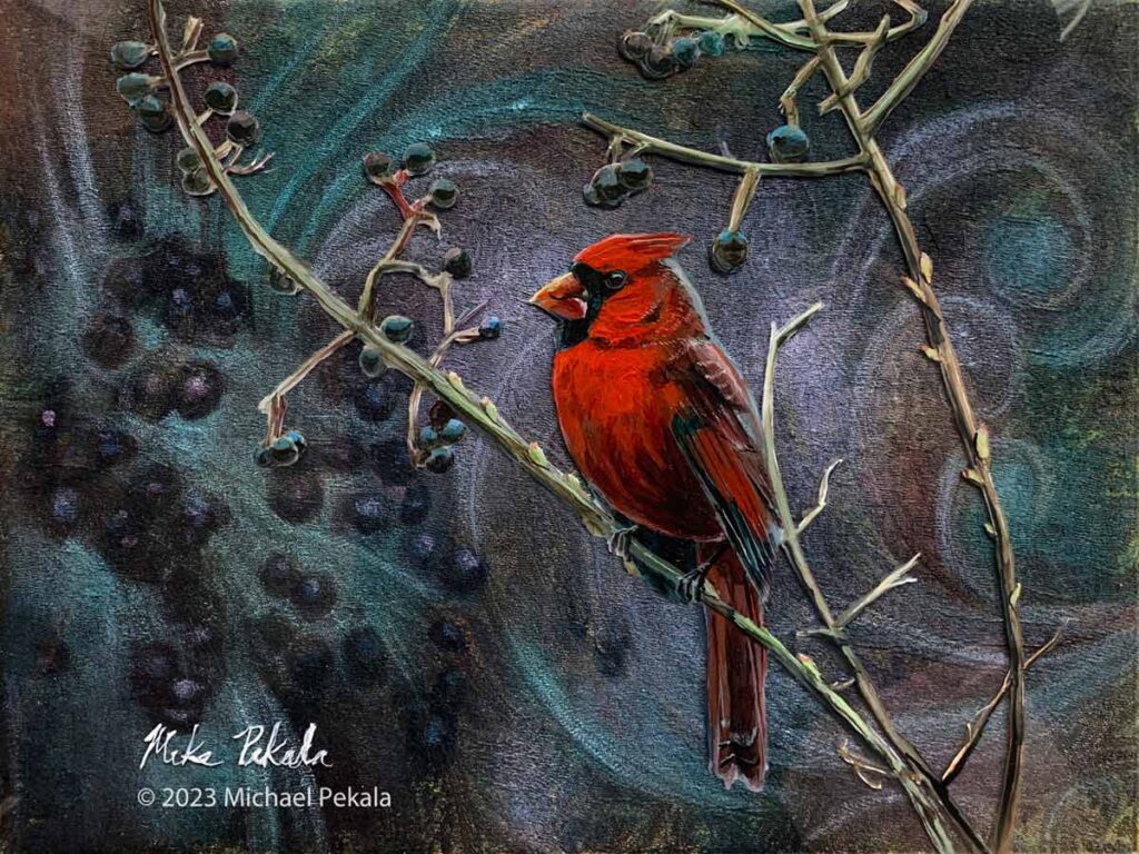 cardinal and berries acrylic painting on upholstery fabric and acrylic glass.