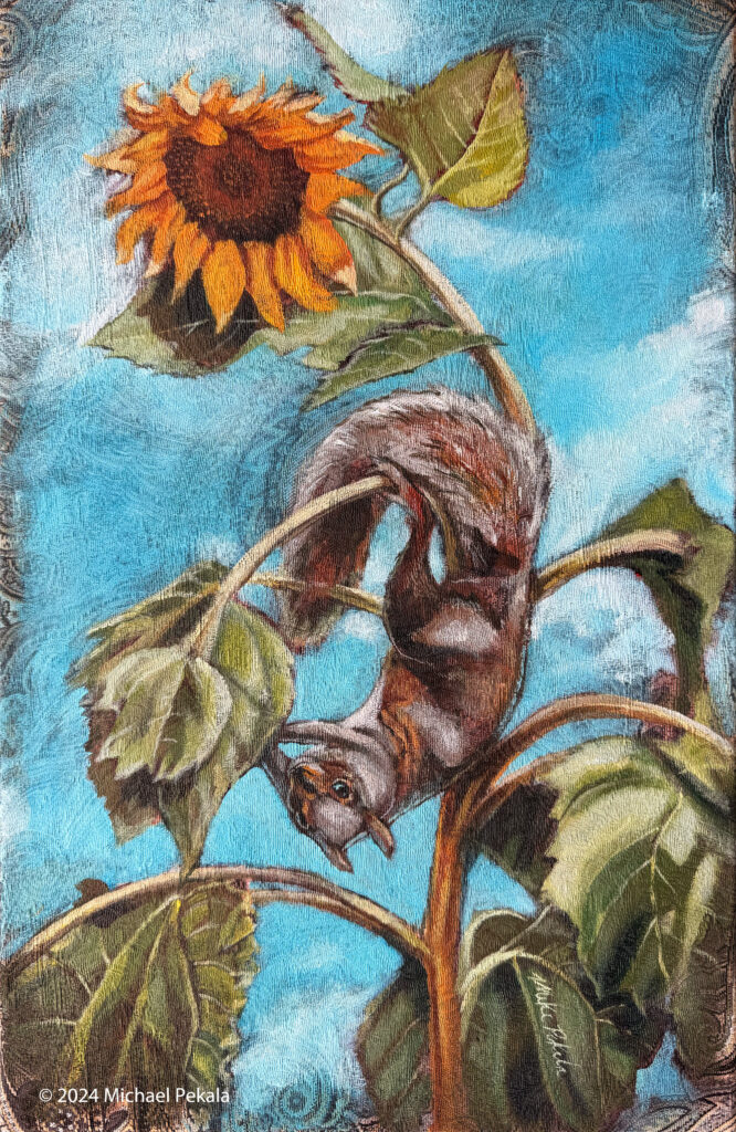 The Heist Squirrel and Sunflower painting