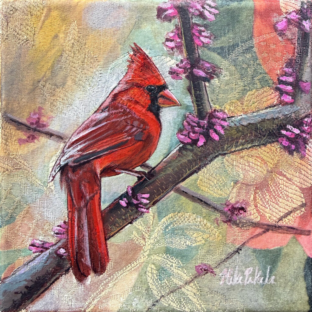 Cardinal acrylic painting on stretched upholstery fabric.