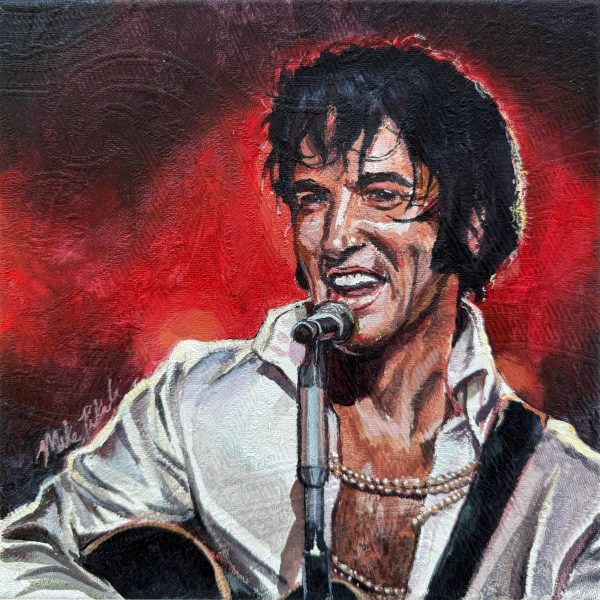 Elvis Presley acrylic painting on upholstery fabric.