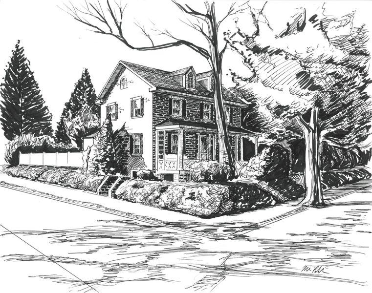Pen and ink home portrait commission